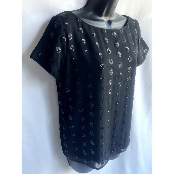 Milly Black Short Sleeve Sequined Dot Tee Scoop Back Blouse Size 2 Party Basics - Picture 4 of 12